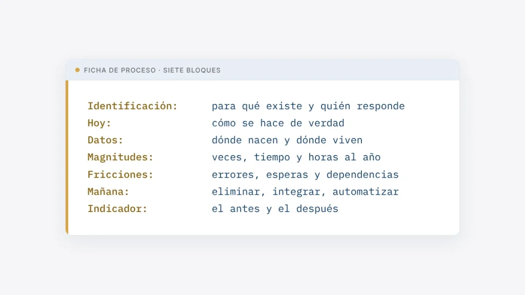 Ficha de proceso en siete bloques: identificación, cómo se hace hoy, datos, magnitudes, fricciones, cómo debería hacerse e indicador