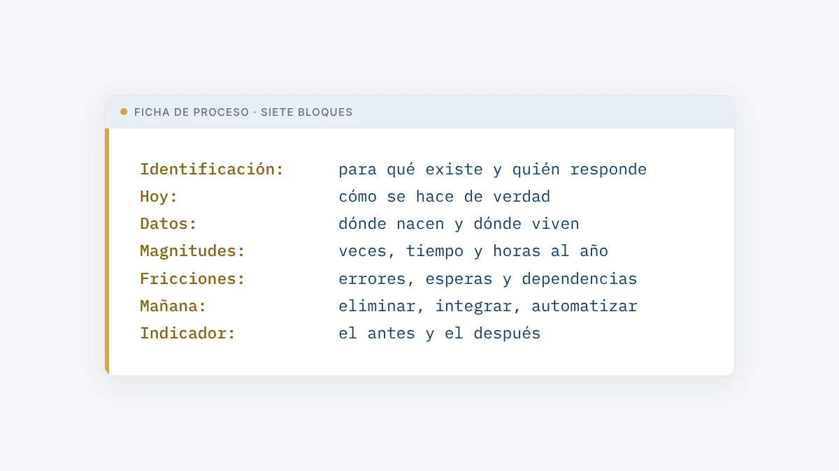 Ficha de proceso en siete bloques: identificación, cómo se hace hoy, datos, magnitudes, fricciones, cómo debería hacerse e indicador