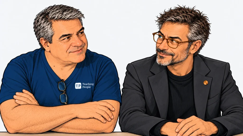 Javier y Jepito sentados a una mesa, mirándose con media sonrisa.