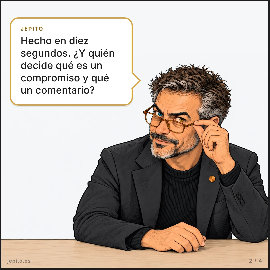 Viñeta 2. Jepito se ajusta las gafas y mira por encima de ellas: «Hecho en diez segundos. ¿Y quién decide qué es un compromiso y qué un comentario?».